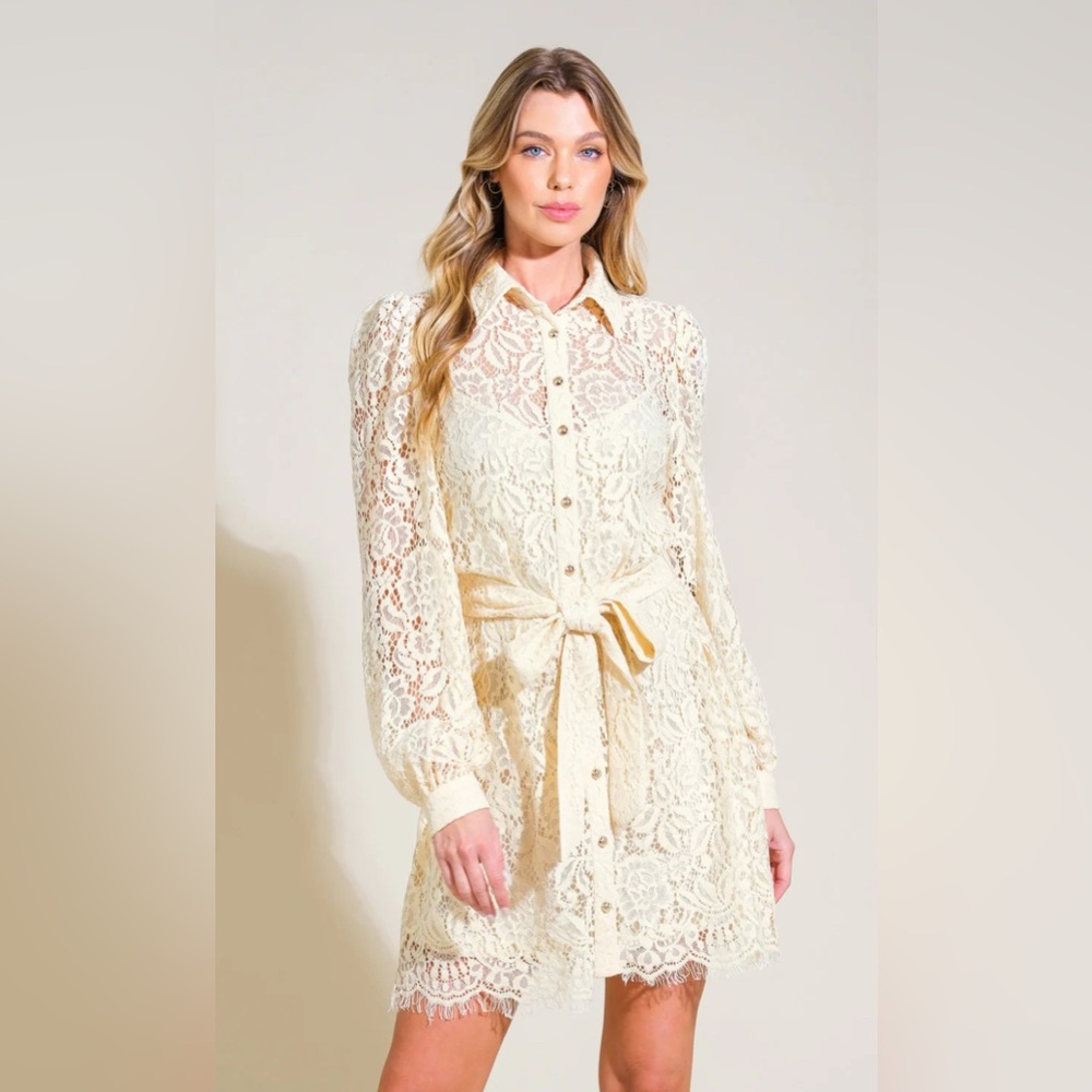 Vintage-Inspired Cream Lace Button-Front Dress with Waist Tie